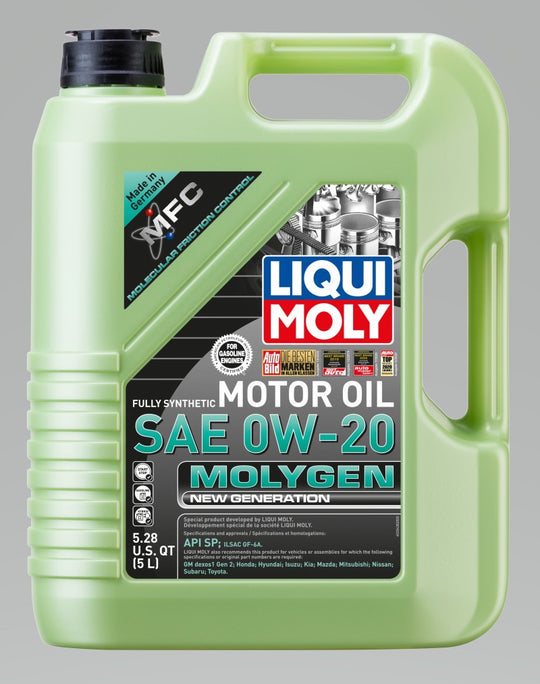LIQUI MOLY Molygen New Generation 5L SAE 0W20 motor oil container, designed for vehicle engine lubrication and protection