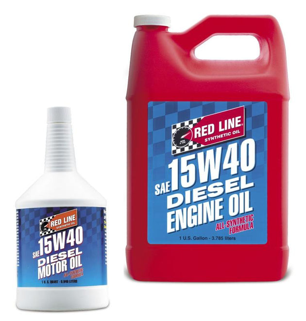 Red Line 15W40 diesel motor oil quart bottle showing the label and container for vehicle engine lubrication