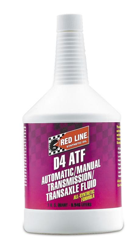 Red Line D4 ATF gear oil quart bottle with red and white labeling, designed for automatic transmissions.