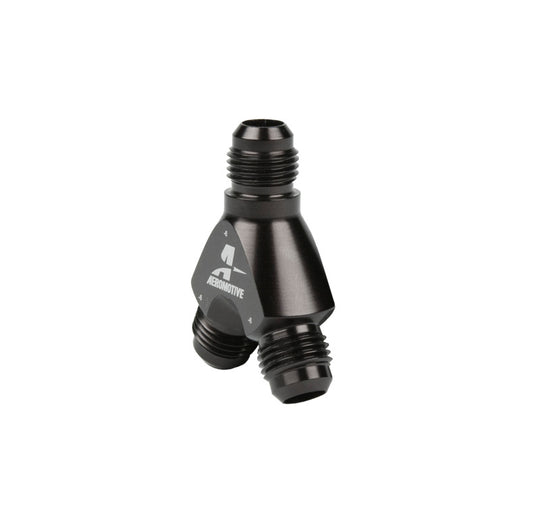 Aeromotive Y-Block fittings with two AN-06 connectors, used for fuel or oil line connections in automotive applications.
