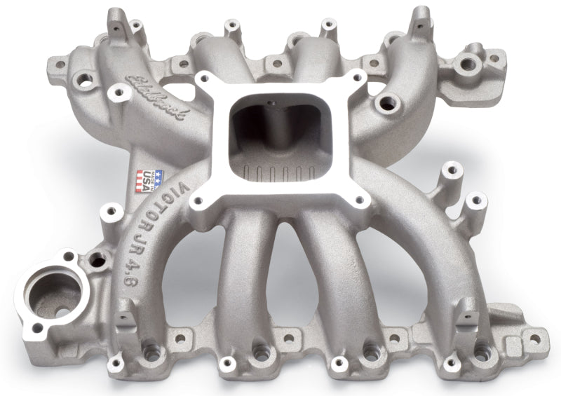 Edelbrock Victor Jr Ford EFI intake manifold for 4.6L engines, shown in a close-up view highlighting the polished aluminum finish.
