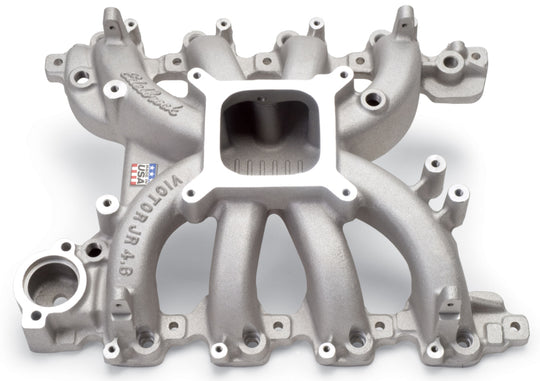 Edelbrock Victor Jr Ford EFI intake manifold for 4.6L engines, shown in a close-up view highlighting the polished aluminum finish.