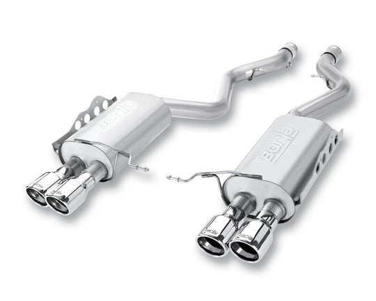 Borla catback exhaust system for 2010-2013 Camaro 3.6L V6, touring style, shown with polished stainless steel pipes.