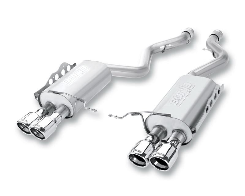 Borla S-Type SS Catback Exhaust for Chevrolet Silverado and GMC Sierra 2009-2011, showing polished stainless steel exhaust pipes.