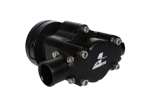 Aeromotive Atomic Hex Drive Fuel Pump showing the compact metallic pump with hex drive coupling, designed for high-performance fuel systems.