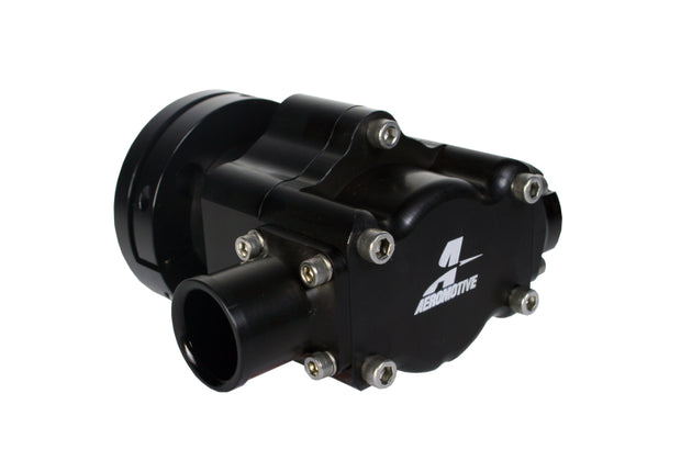 Aeromotive Atomic Hex Drive Fuel Pump showing the compact metallic pump with hex drive coupling, designed for high-performance fuel systems.