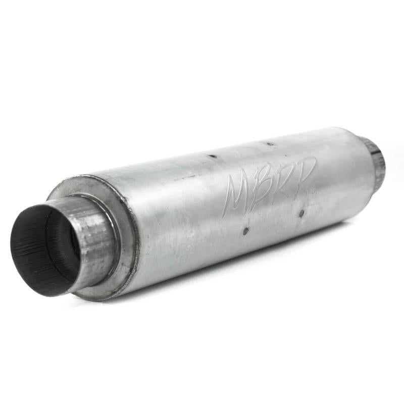 MBRP universal quiet tone muffler with 4-inch inlet and outlet, 24-inch aluminum body, and 6-inch diameter, 30-inch overall length