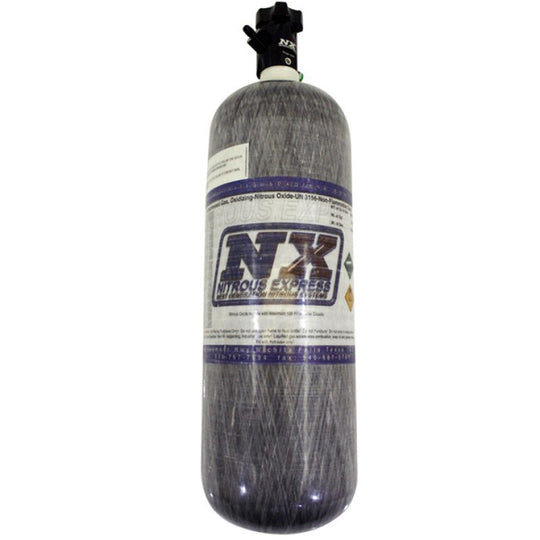 Nitrous Express composite nitrous bottle with Lightning 500 valve, 6.79-inch diameter and 23.25-inch height, for automotive performance.