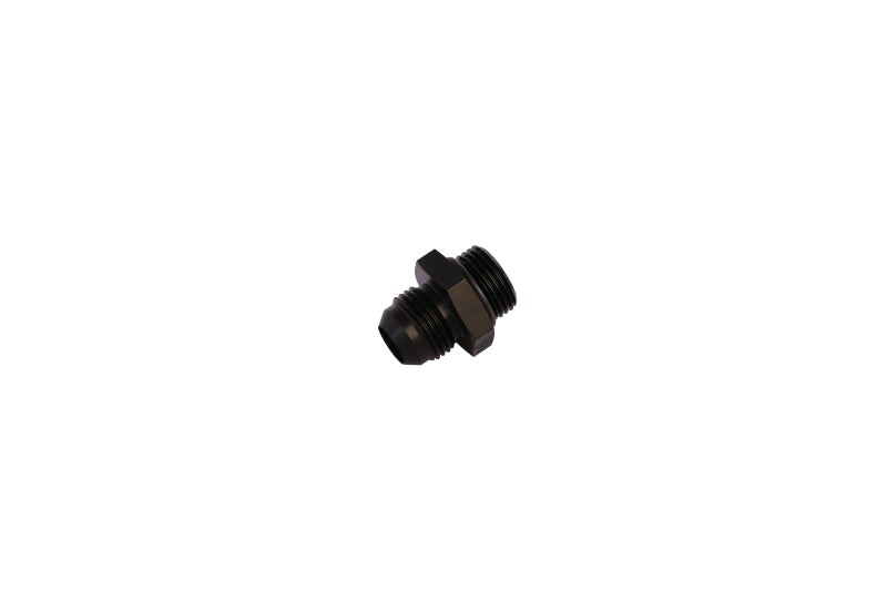 Aeromotive ORB-08 to AN-08 male flare fitting showing metal fitting with threaded and flare ends for automotive fuel or oil lines.