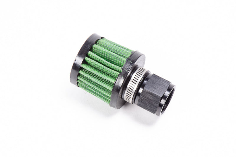 Radium Engineering 12AN female fitting connected to an air filter, showcasing precision fittings for automotive or racing applications.