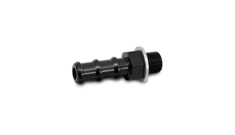 Vibrant aluminum metric to barb fitting, male M18 x 1.5 to 3/8 inch barb, with a close-up of the fitting's threaded and barb ends.