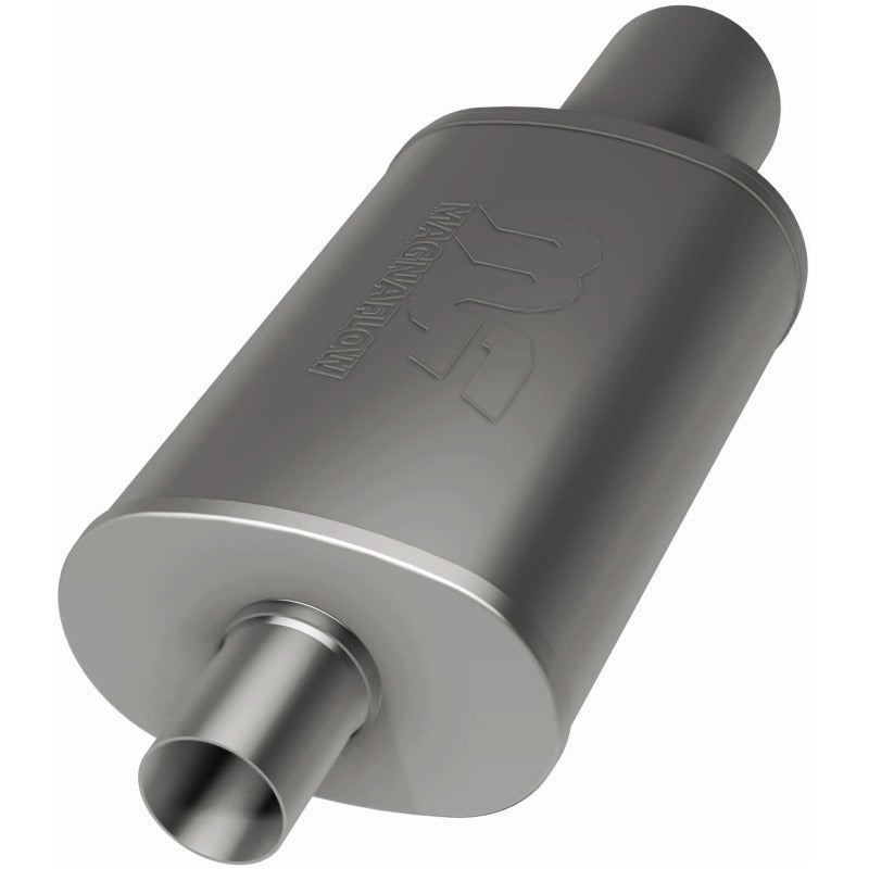 MagnaFlow stainless steel muffler with polished tip, 14x5x8 inches, featuring 2.25/4 inch inlet and outlet for vehicle exhaust system.
