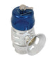 Blue Turbosmart BOV Supersonic Uni blow off valve mounted on a car engine, showcasing its sleek design and vibrant color.