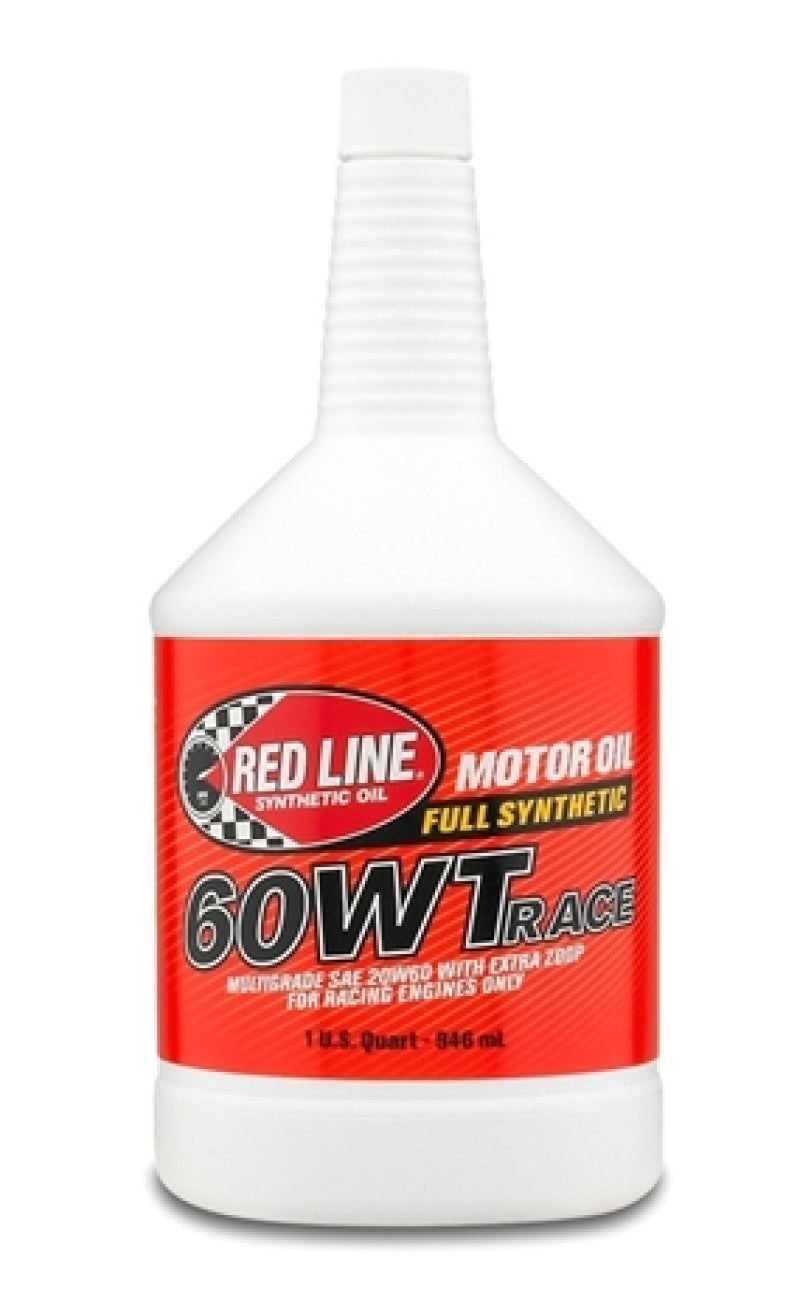 Red Line 60WT Race Oil quart bottle, high-performance motor oil for racing engines, with a red label and metal cap.