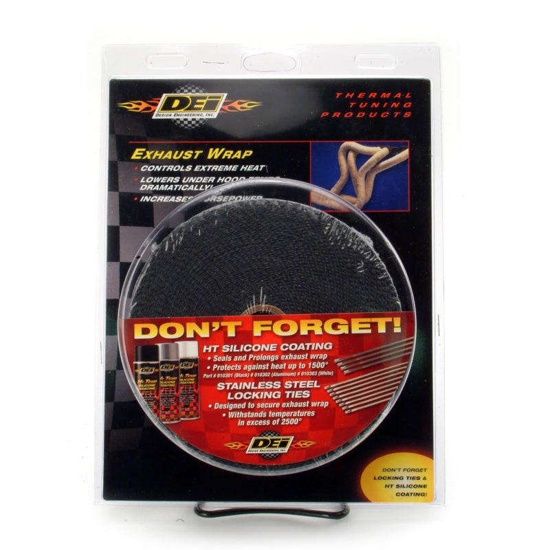 Black DEI Exhaust Wrap 2in x 50ft, showing tightly wrapped high-temperature exhaust insulation on a vehicle exhaust pipe.
