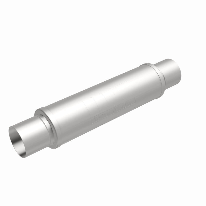 MagnaFlow Mag SS muffler with 3-inch inlet and 14x4x4-inch dimensions, showcasing its sleek stainless steel design and polished finish.