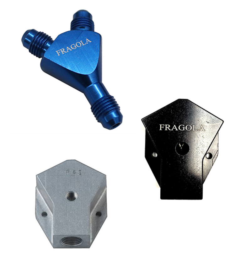 All black Fragola Y-fitting -6AN male fitting for hydraulic or fuel line connections, showcasing durable metal construction.