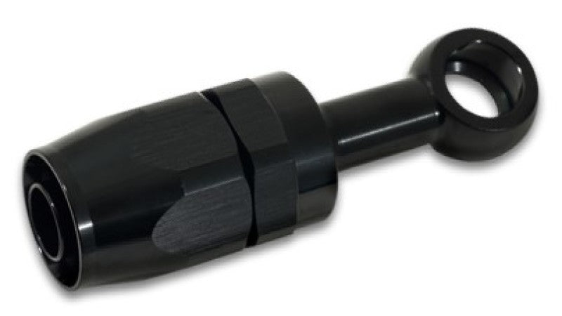 Vibrant black aluminum -8AN banjo hose end fitting with M18 banjo bolt for automotive or racing fluid connections.