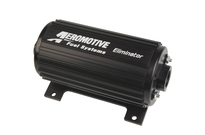 Aeromotive Eliminator-Series fuel pump for EFI or carb applications, shown in a detailed view with mounting hardware.