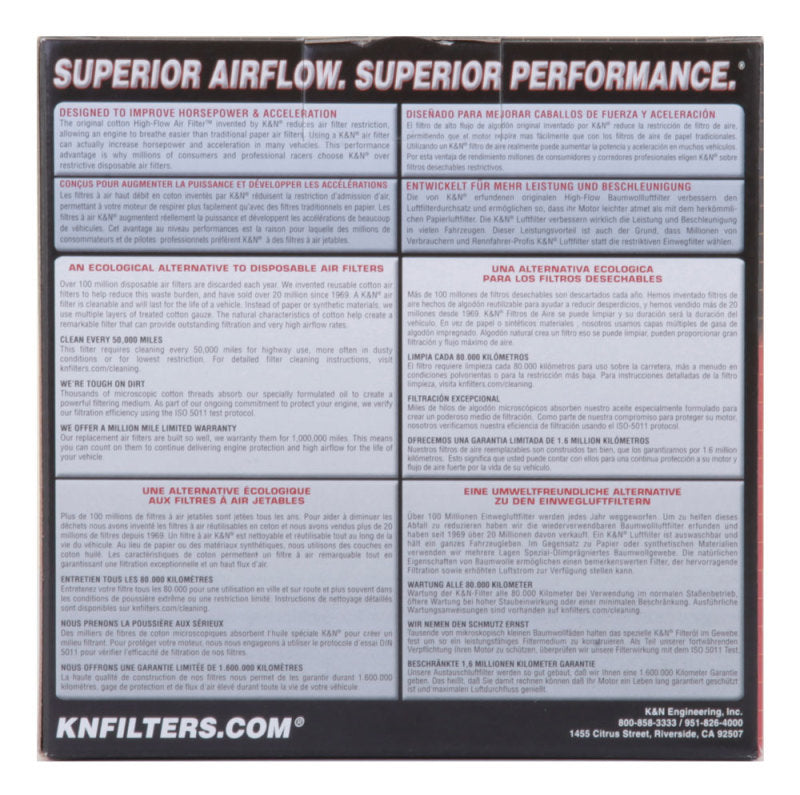 K&N Engineering round custom air filter with 5-7/8 inch diameter, drop-in style, for improved engine airflow.