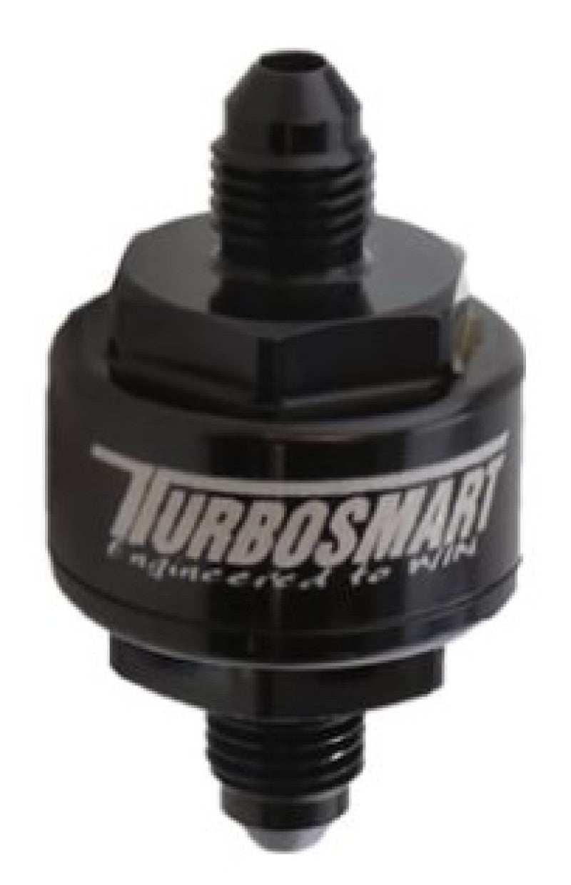 Turbosmart billet turbo oil feed filter with black finish, AN-3 male inlet, featuring a 44-micron pleated disc for engine oil filtration.
