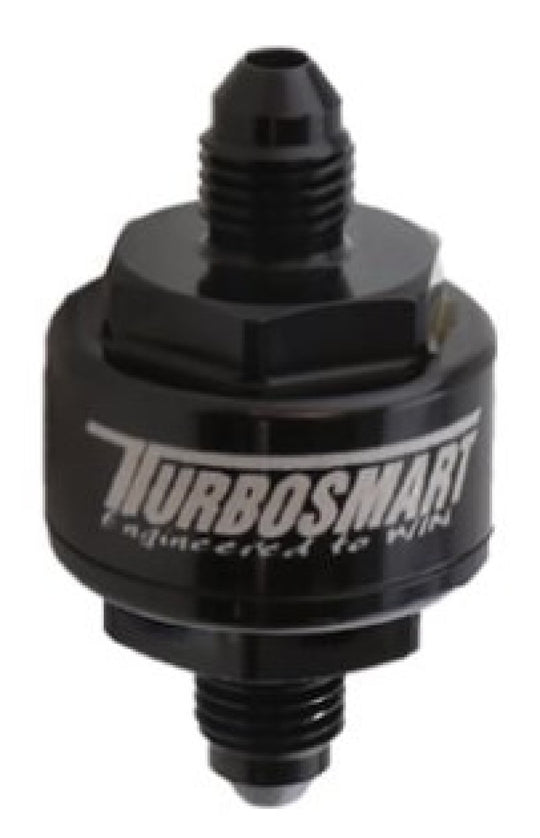 Turbosmart billet turbo oil feed filter with black finish, AN-3 male inlet, featuring a 44-micron pleated disc for engine oil filtration.