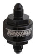 Turbosmart billet turbo oil feed filter with black finish, AN-3 male inlet, featuring a 44-micron pleated disc for engine oil filtration.