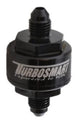 Turbosmart billet turbo oil feed filter with black finish, AN-3 male inlet, featuring a 44-micron pleated disc for engine oil filtration.