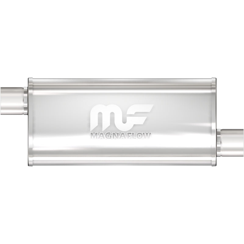 MagnaFlow Mag SS 5X8 14 3/3 O/O muffler, stainless steel automotive exhaust component with polished finish, shown in the image.