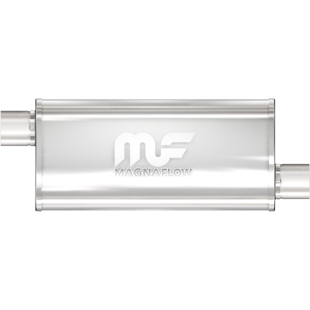 MagnaFlow Mag SS 5X8 14 3/3 O/O muffler, stainless steel automotive exhaust component with polished finish, shown in the image.