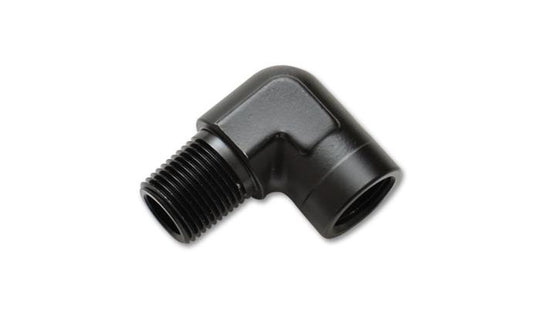Vibrant 1/4-inch NPT female to male 90-degree pipe adapter fitting, shown in a close-up image with threading details.