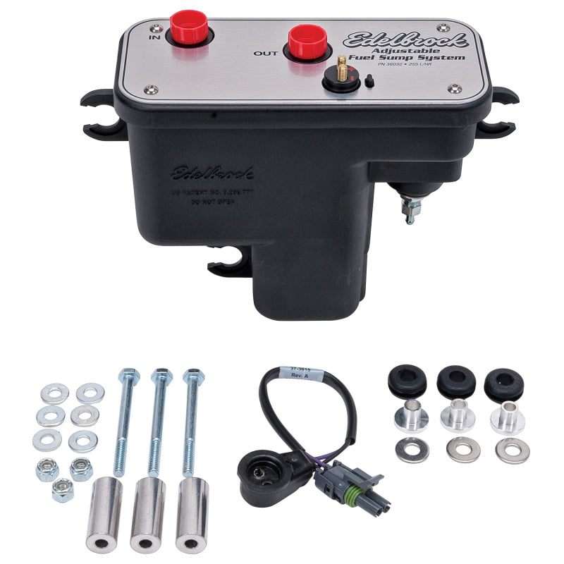 Edelbrock universal fuel sump module with adjustable tank and 255 LPH capacity, designed for automotive fuel systems.