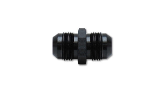 Vibrant black anodized -20 AN union adapter fitting for high-performance automotive or racing applications.