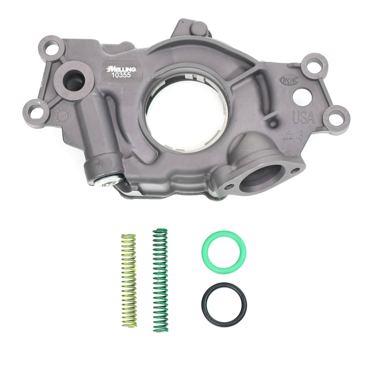 Melling Select high performance oil pump model 10355 showing metal pump components and gear mechanism.