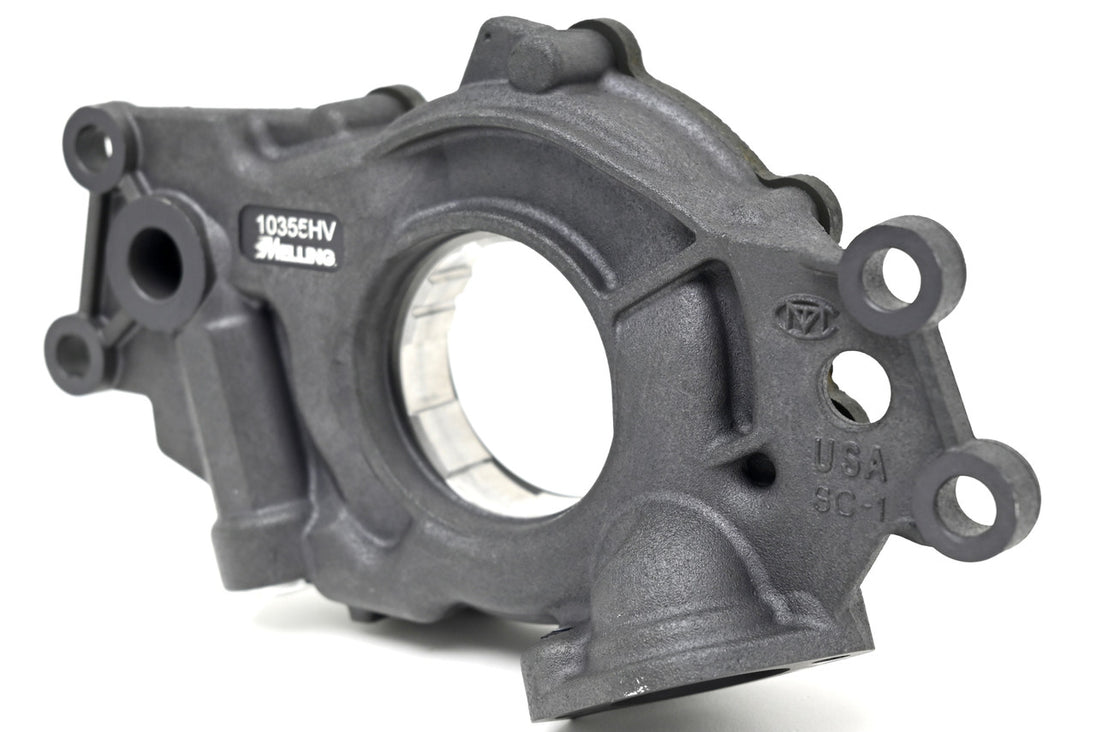 Melling 10355HV Gen IV AFM DOD high volume oil pump for LS 5.3, 6.0, 6.2 engines, showing the pump with mounting details.