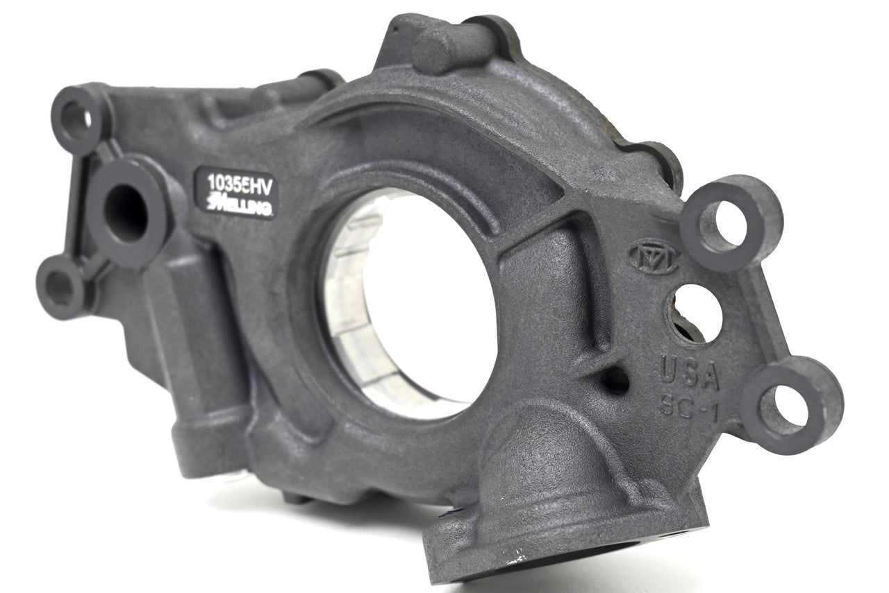 Melling 10355HV Gen IV AFM DOD high volume oil pump for LS 5.3, 6.0, 6.2 engines, showing the pump with mounting details.