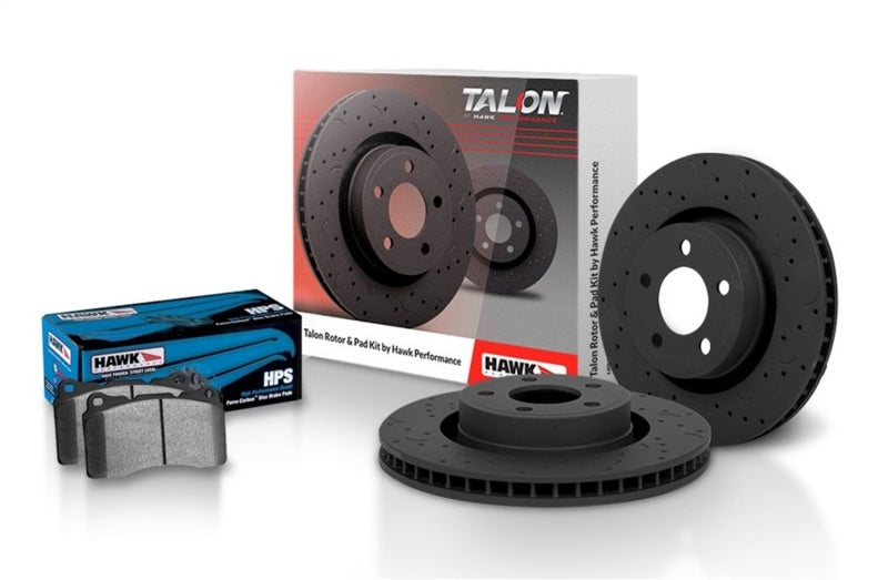 Hawk Performance Talon Brake Rotors with slot and drilled design, showing the ventilated metal rotors for enhanced braking performance.