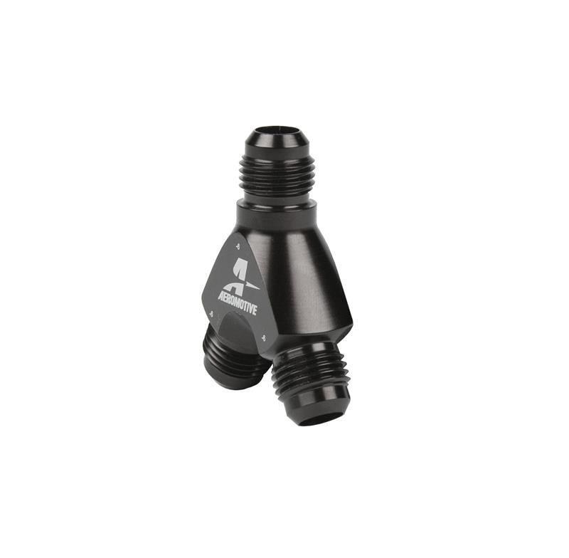 Aeromotive AN-06 Y-Block fitting with two AN-06 connections for fuel or oil lines, metal construction, and precise threading.