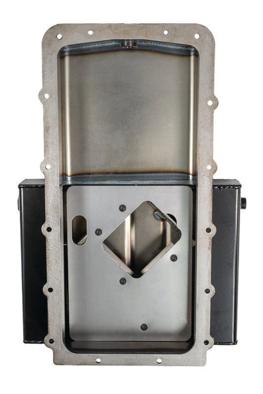 Moroso Ford 5.0 Coyote/Cobra steel oil pan with rear sump, 9.5qt capacity, road race baffled wet sump, 4.5-inch depth.
