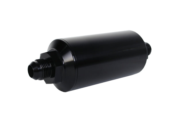 Aeromotive in-line fuel filter with AN-08 size male fitting and 10 micron microglass element in bright-dip black finish.