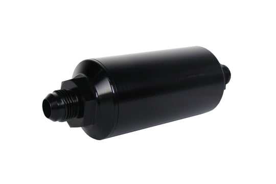 Aeromotive in-line fuel filter with AN -8 male fittings, 10 micron fabric element, bright dip black finish for automotive fuel systems.