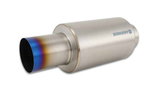 Vibrant titanium muffler with straight cut burnt tip, 4-inch inlet and outlet, showcasing a sleek, high-performance exhaust component.