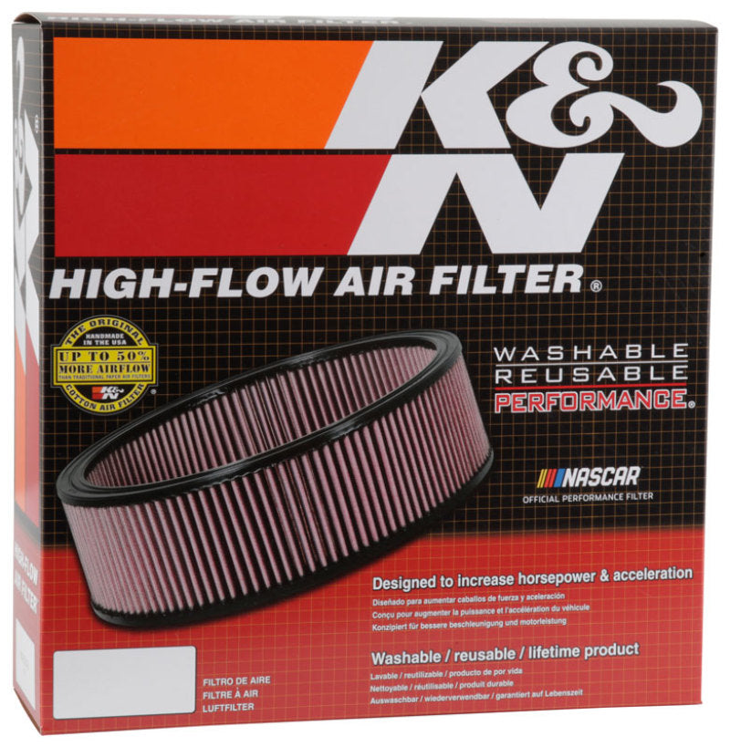 K&N Engineering round drop-in air filter with 14-inch outer diameter, 12-inch inner diameter, and 4-inch height for automotive use.