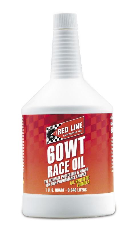 Red Line 60WT Race Oil quart bottle for high-performance motors, with a red label and clear cap, designed for racing engines.