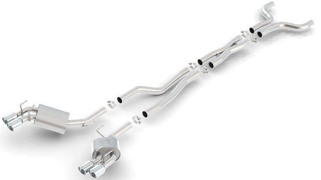 Borla catback exhaust system for 2012-2014 Chevrolet Camaro ZL1 coupe with 6.2L V8 engine, dual exhaust pipes and aggressive finish