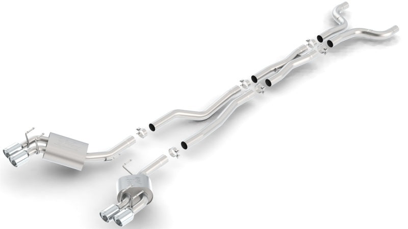 Borla catback exhaust system for 2012-2014 Chevrolet Camaro ZL1 coupe with 6.2L V8 engine, dual exhaust pipes and aggressive finish