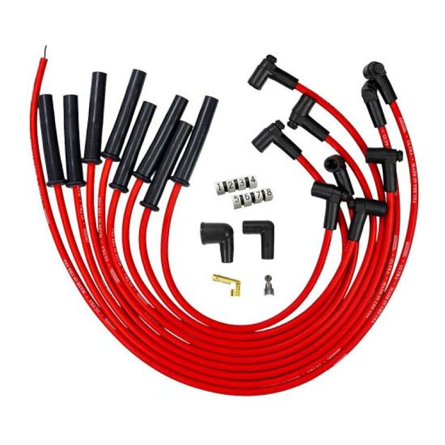 Moroso Ford 289-351W HEI-style spark plug wire set with red 8mm multi-angle boots for high-performance ignition systems.