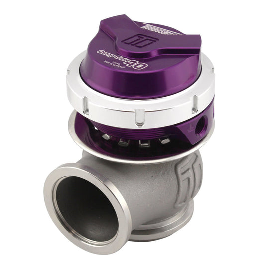 Turbosmart WG40 Gen V Compgate 40mm wastegate with purple finish, designed for high-performance turbocharged vehicles.