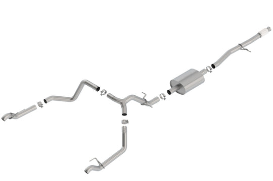 Borla catback exhaust system for 2019 Chevy Silverado 1500 5.3L V8 with Fact Fascia Tips, showing polished stainless steel pipes.