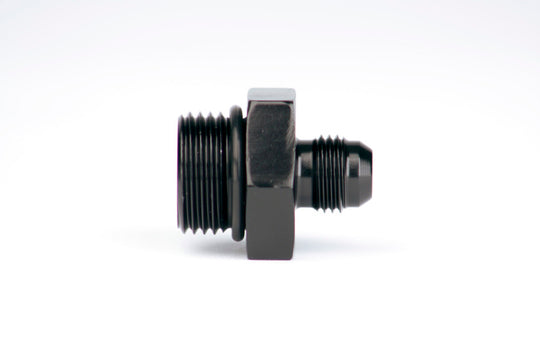 Aeromotive ORB-10 to AN-06 male flare reducer fitting showing threaded connections and smooth metal finish